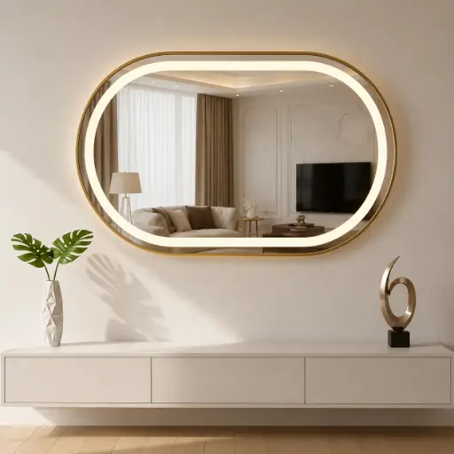 [ML-OV8060-GD] MIROIR LED OVALE 80×60 CM – CADRE EN ALUMINIUM DORÉ (HORIZONTAL)