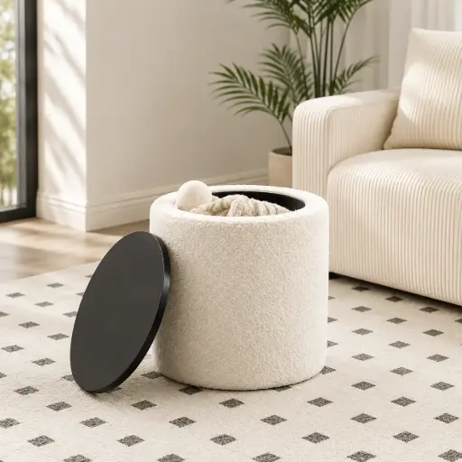 [TH-PB4040-BN] Pouf Boucle avec Rangement Beige & Noir 50x40cm