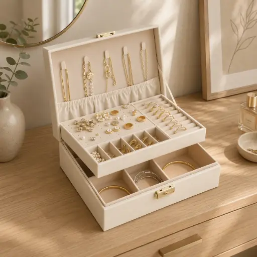 [JB001] Boite a Bijoux en Simili Cuir Blanc – Rangement Luxe Velours