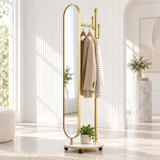 [SW-2443-WIRUK] Miroir sur Pied avec Porte-Manteau APOLLO Doré