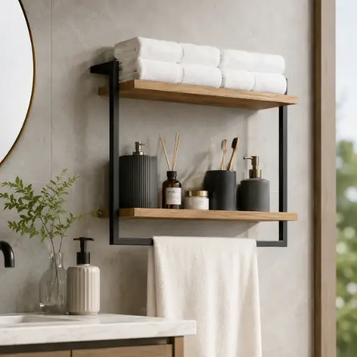 [TH-ALTO57] Etagere Murale ALTO (Noir/Marron) Pour Salle De Bain