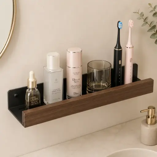 [TH-ETAG50-NYR] Etagere Murale 50 cm – Aluminium Noir & Bois Effet Noyer