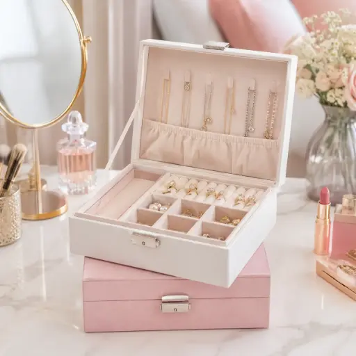 [JB002] Boîte à Bijoux en Simili Cuir Rose – Rangement Luxe Velours