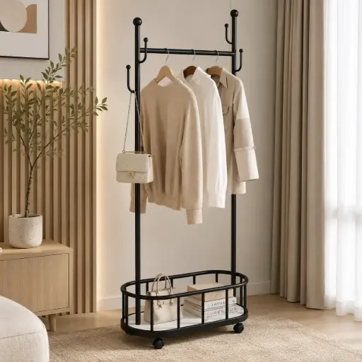 [TH-PV-MN-175] Porte-Vetements en Metal Noir avec Roues