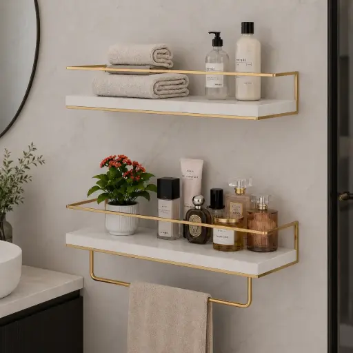[SW-2443-PQUWY] Kit Etageres Murales Dore/Blanc Bois & Metal