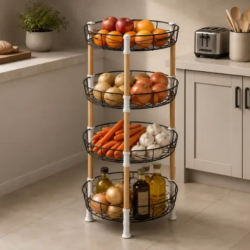 [CRS-4TIER-BW] Etagère d’Angle 4 Niveaux – Structure Metal & Finition Bois