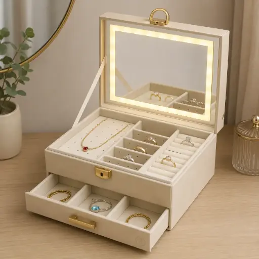 [BJ-LED-231711] Boîte à Bijoux LED Beige – Luxe & Organisation