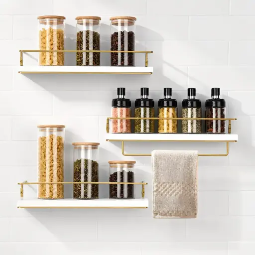 [SW-2443-QWUPV] Kit De 3 Etageres Murales Modernes Dore/Dore Bois & Metal