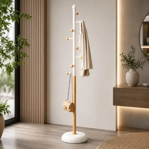[TH-PM-SC175] Porte-Manteau Scandinave en Métal Effet Bois avec Boutons en Bois – 180 × 30 cm