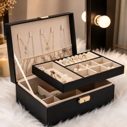[JB003] Boite a Bijoux en Simili Cuir Noir – Rangement Luxe Velours