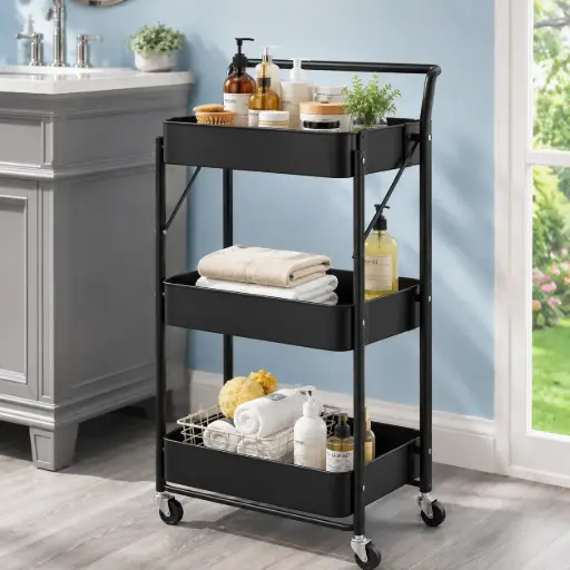 [TH-RANG-ROLLYX-NR] Chariot de Rangement Pliable ROLLYX 3 Niveaux – Métal Noir