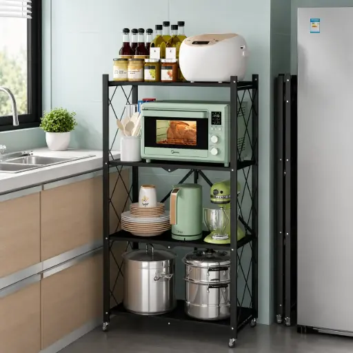 [TH-ETG-MET-127] Etagere Metallique Pliable 4 Niveaux avec Roues – Noir