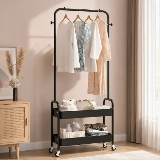 [TH-PV-159] Porte Vetements en Metal – 2 Niveaux avec Roulettes