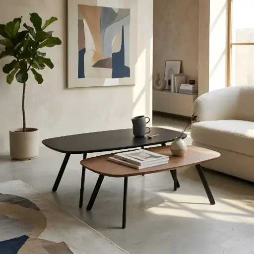 [TH-TB-DUO-NYR] Tables Basses Duo Design Moderne Bois Noyer & Noir