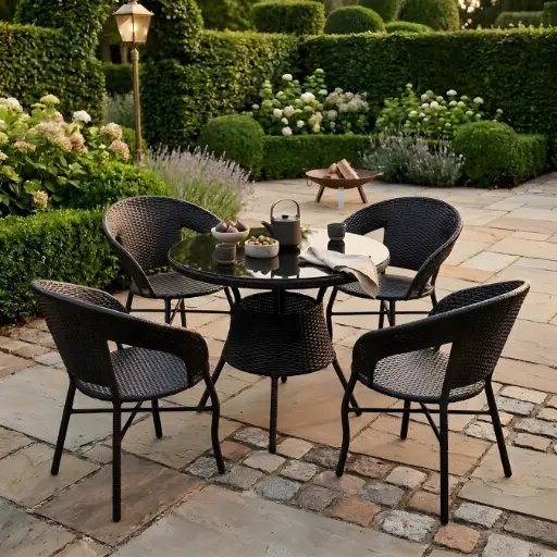 [TH-ENS-RT4C-NR60] Ensemble Table Ronde et 4 Chaises en Rotin PE Noir – 60 cm