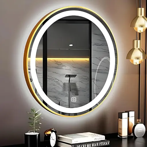 [TH-MIR-RND-LED60] Miroir Rond LED 60CM – Cadre Aluminium Dore