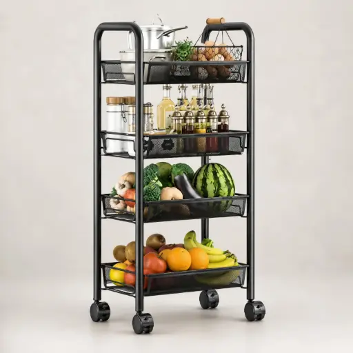 [CHR-4N-NR-4426] Chariot de Rangement Noir en Métal 4 Niveaux à Roulettes