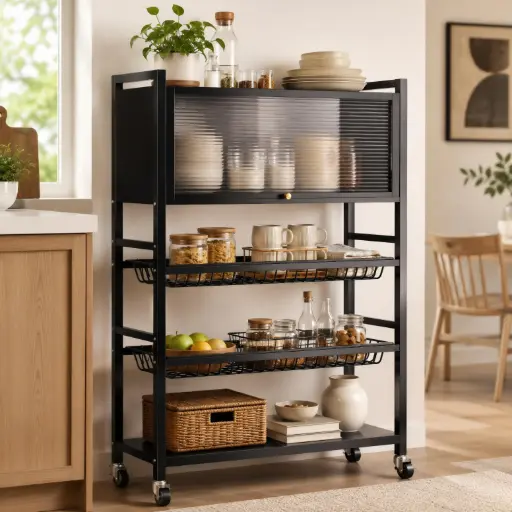 [CHR-5N-NR-MT-102] Chariot de Rangement Cuisine Noir à Roulettes – Avec Compartiment Fermé