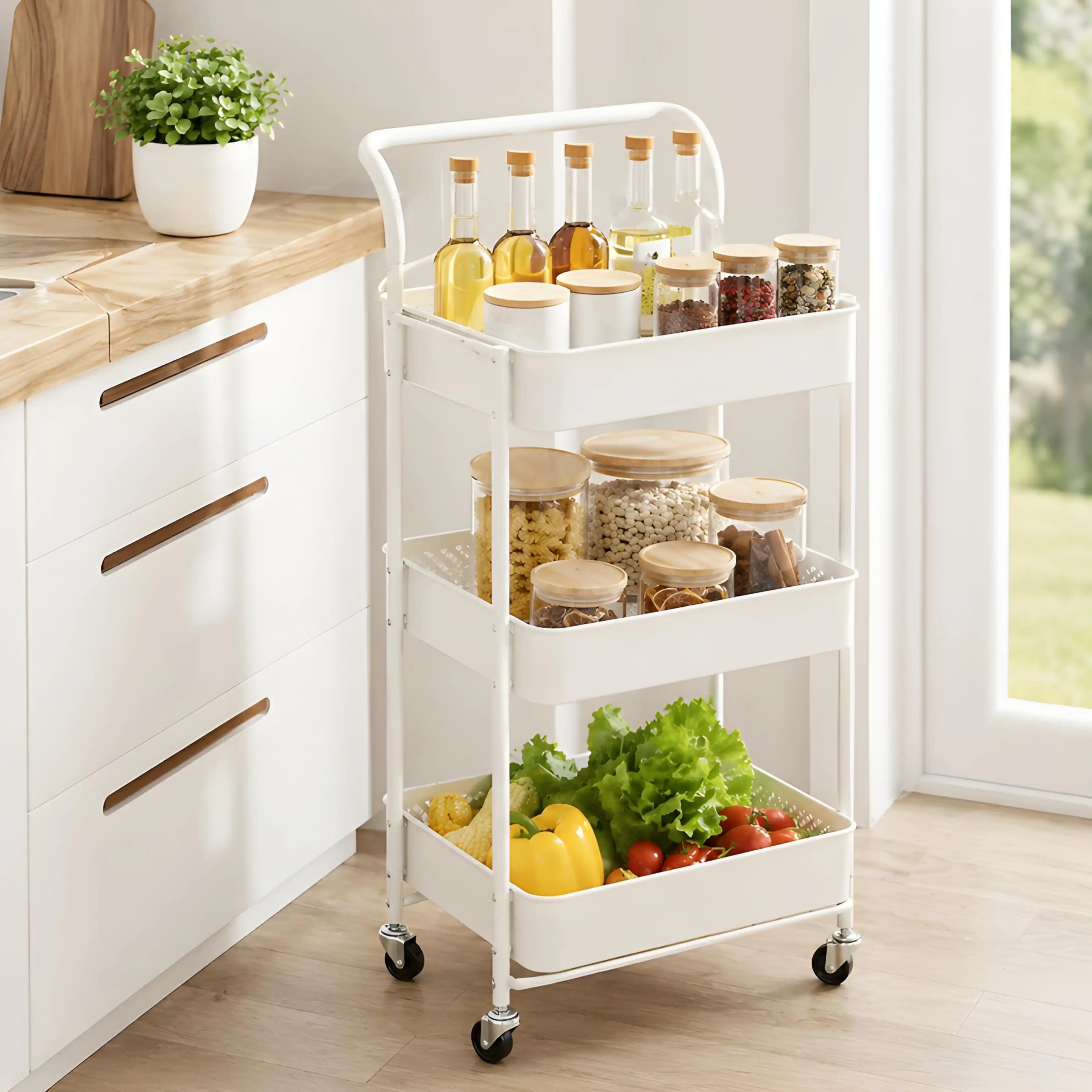 [ROLLYX-3N-METAL-WH] Chariot de Rangement Pliable ROLLYX™ 3 Niveaux – Métal Blanc