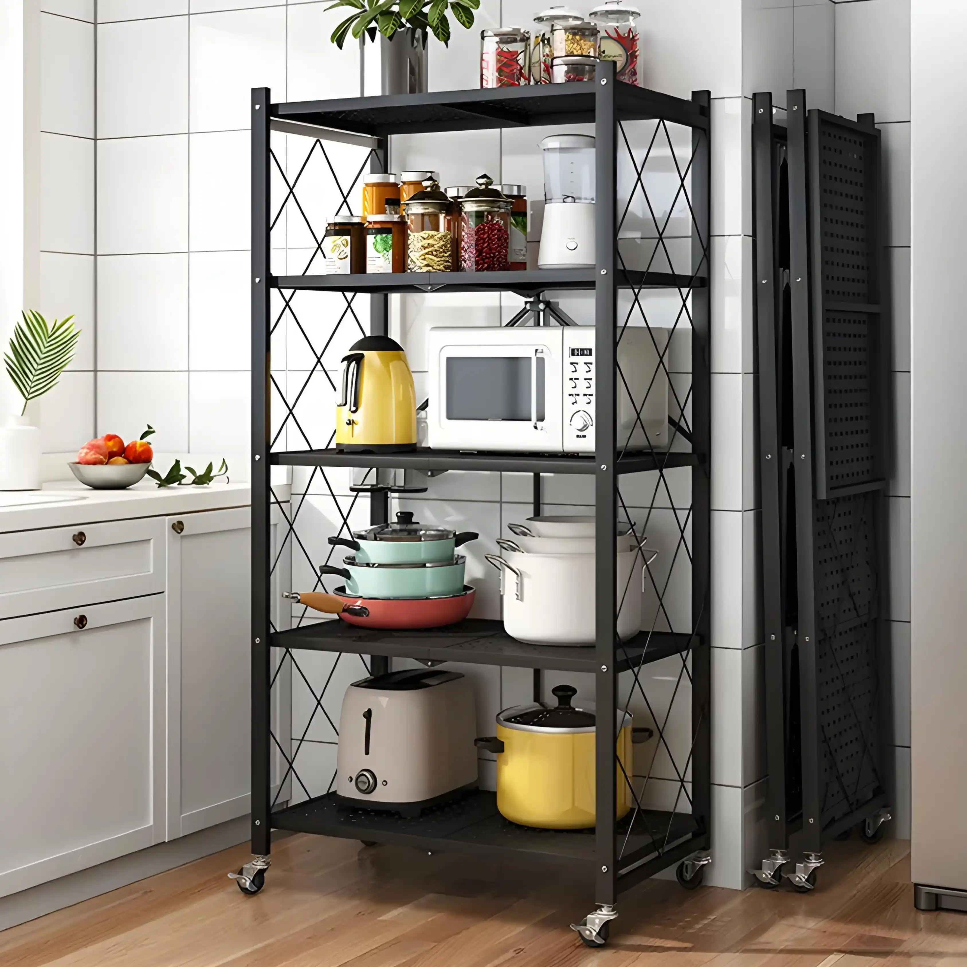 [ETAG-PLI-5N-BLK] Etagere Métallique Pliable 5 Niveaux avec Roues – Noir