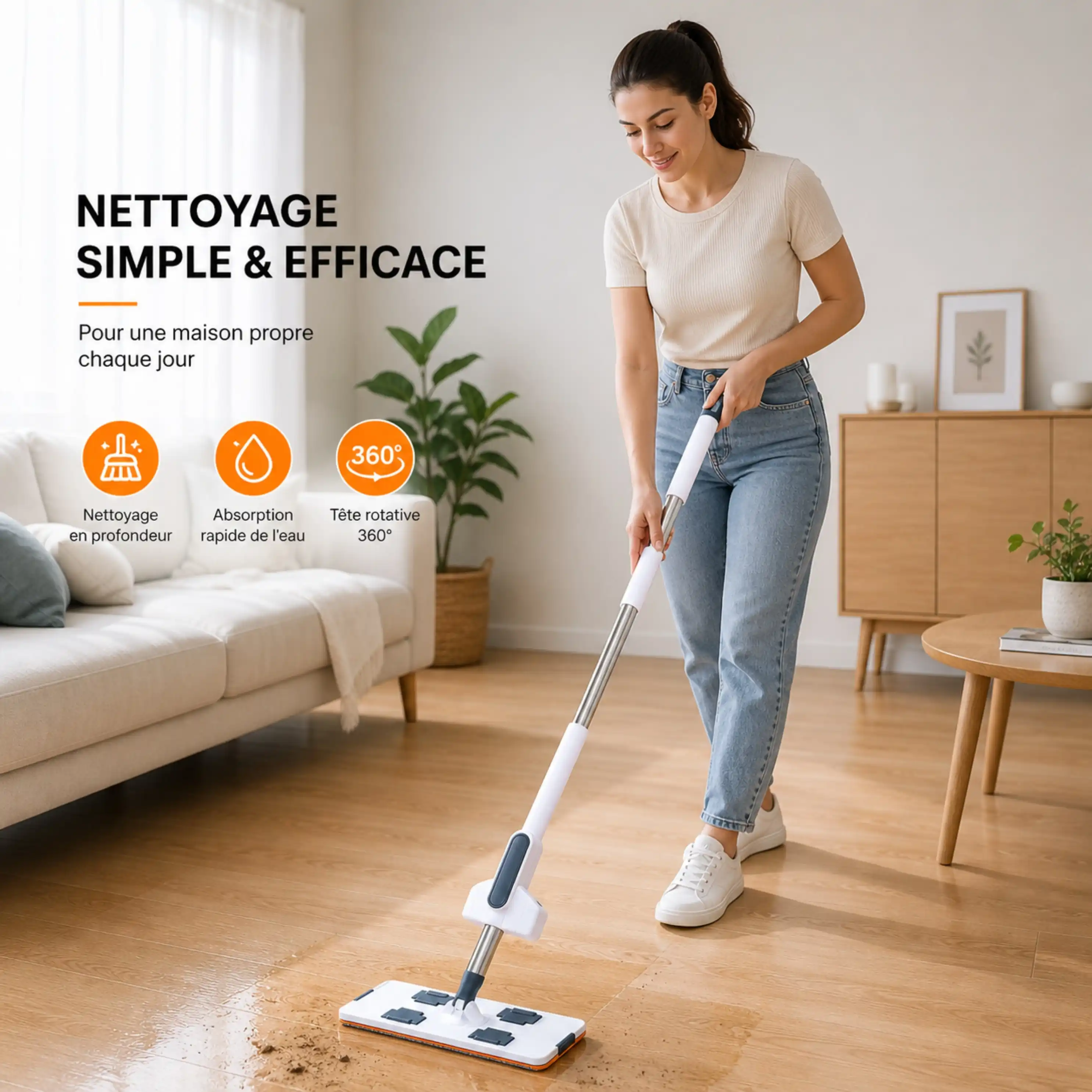 [FLAT-MOP-42CM-PRO] Balai Plat Microfibre 360° avec Manche Télescopique – Nettoyage Facile & Rapide