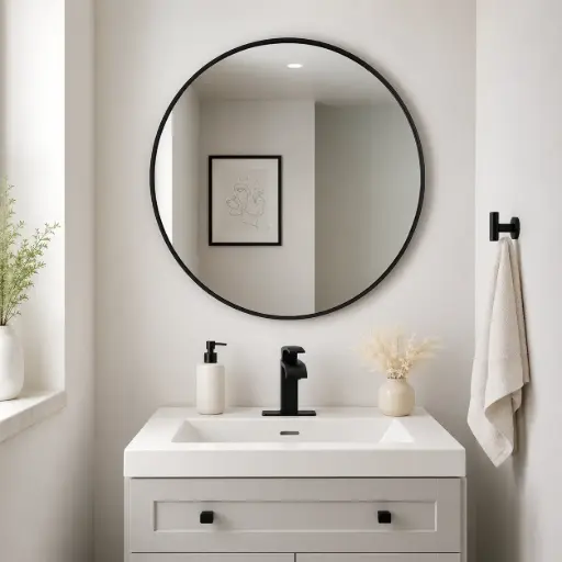 [TH-MIR-R70-MDFNR] Miroir rond mural – Cadre MDF noir stratifie (Ø 70 cm)