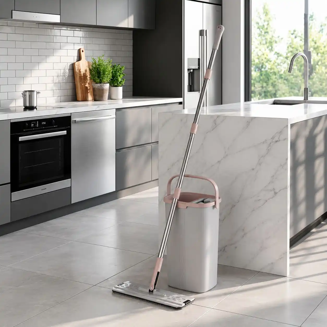 [LAV-PREMIUM-FLAT-MOP-GRIS] Balai Mop Lavine Premium avec Seau Égouttoir