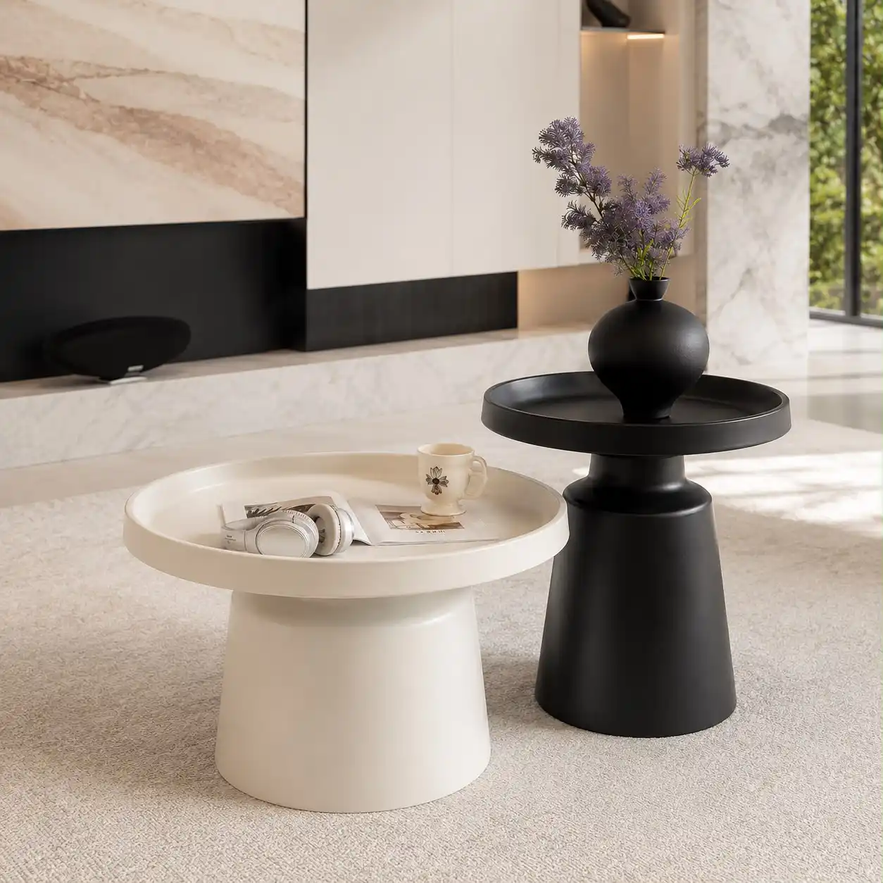 [TH-TAV-MILANO-BN-SET] Duo Tavolini Milano – Set de 2 Tables Basses Rondes Blanc Cassé & Noir Mat