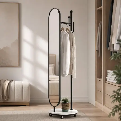 [SW-2443-QNZVM] Miroir sur Pied avec Porte-Manteau APOLLO Noir