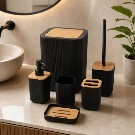 [H-BATH-6P-BK] Ensemble Accessoires Salle de Bain 6 Pièces – Noir & Effet Bois