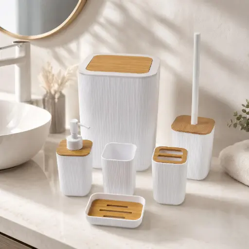 [TH-BATH-6P-WH] Ensemble Accessoires Salle de Bain 6 Pièces – Blanc & Effet Bois