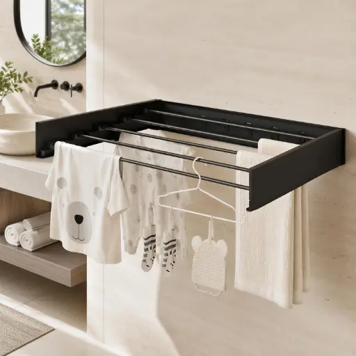 [TH-SLM5T-80N] Seche Linge Mural Pliable 5 Tiges 80 cm – Noir