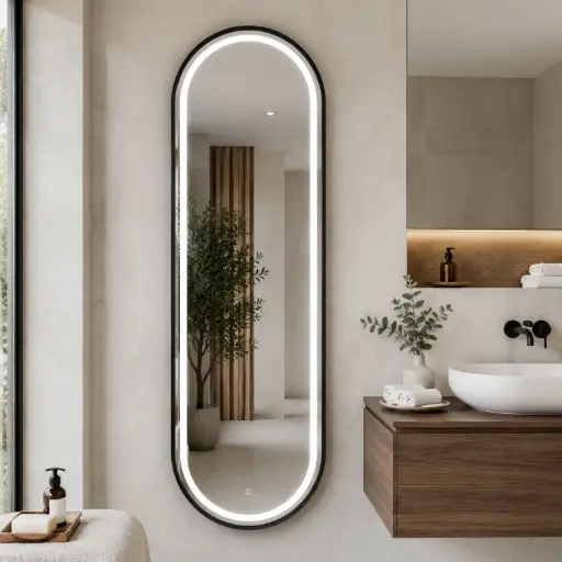 [TH-MIR-LED-OV150-BK] Miroir LED Ovale Vertical 150 × 50 cm – Cadre Aluminium Noir