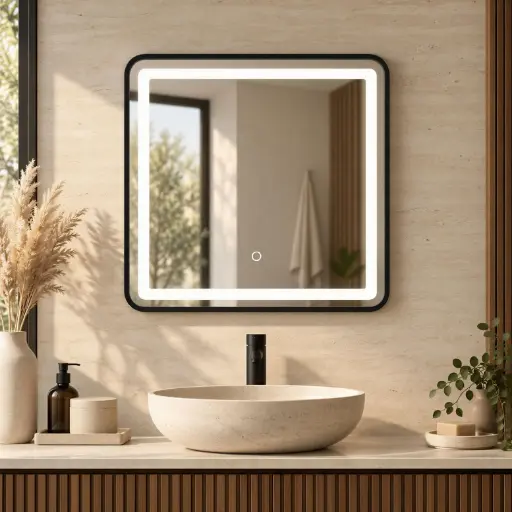 [TH-MIRROR-LED-5050-BK] Miroir LED Carré 50 × 50 cm – Cadre Aluminium Noir