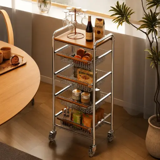 [CR-9040-BM] Chariot de rangement multifonction à roulettes – Bois & Métal