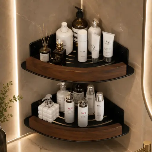 [TH-ETG-NY-02] Etagere Murale d’Angle – Bois Noyer & Aluminium Noir Mat (Paire)