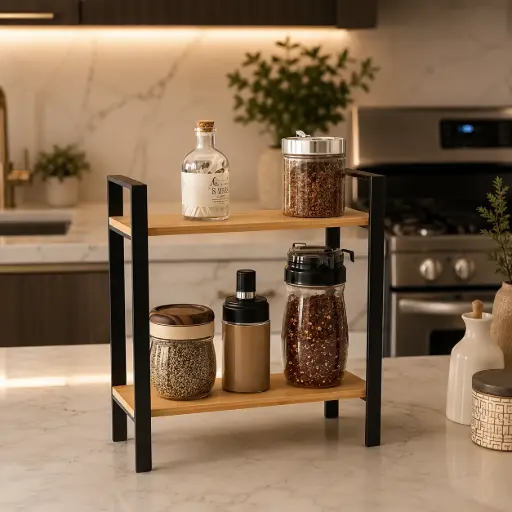 [WL-CF091] Etagere a Epices Combinable 2 Niveaux Noir/Bois